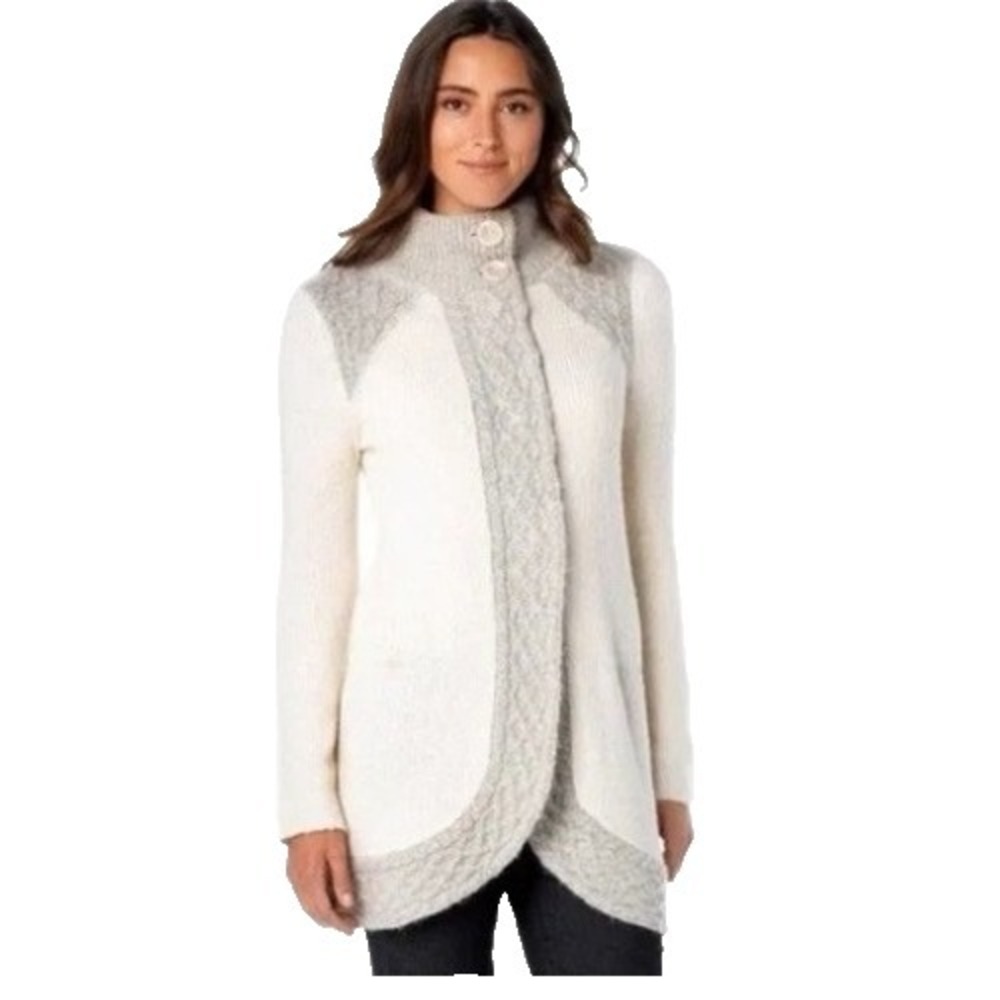 PrAna Womens S Angelica‎ Duster Cardigan Cable Knit Ivory Gray Buttons
